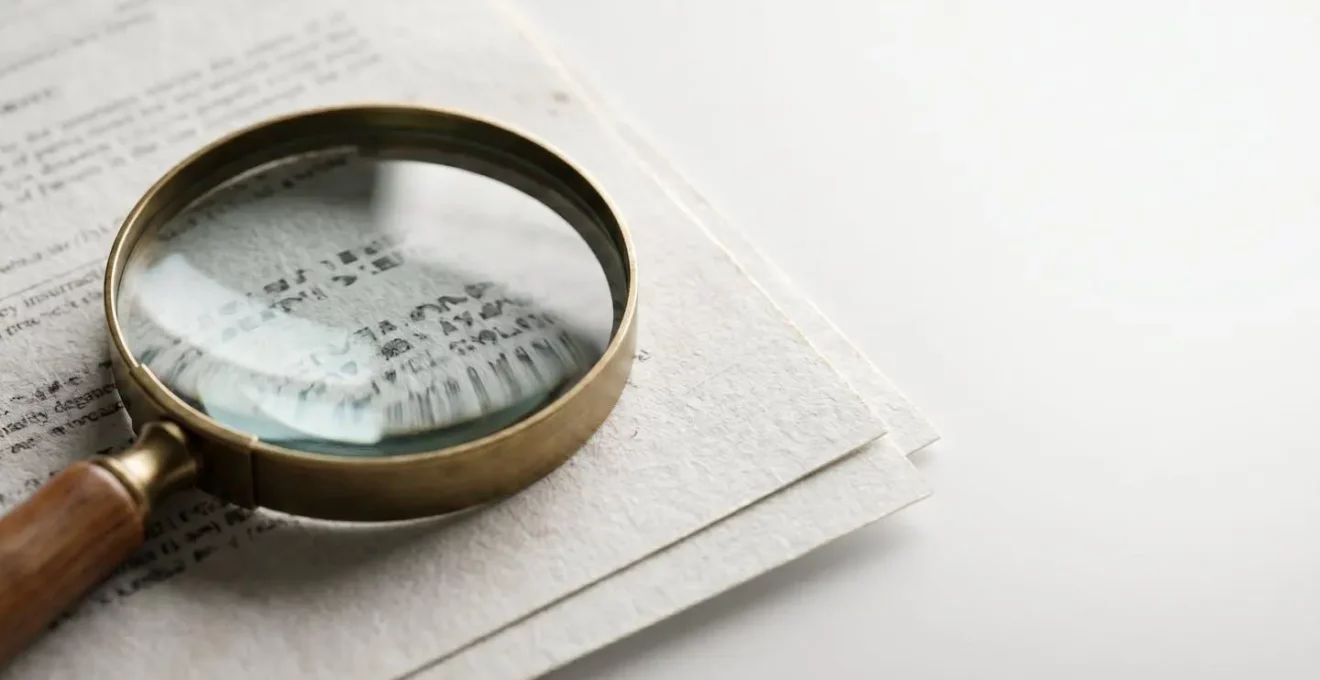 Gros plan sur des documents de mutuelle santé avec une loupe révélant des détails importants