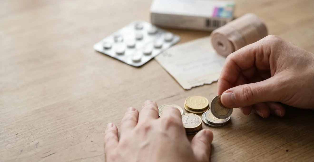 Composition symbolique représentant l'impact financier des franchises médicales sur un budget familial