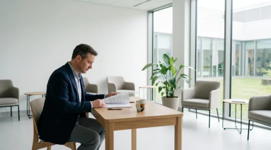 Un patient consultant attentivement des documents administratifs médicaux dans un environnement hospitalier épuré