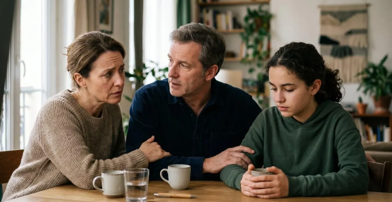 Une famille réunie autour d'une table dans un moment de discussion sérieuse sur la sécurité financière