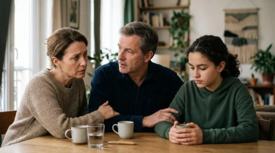Une famille réunie autour d'une table dans un moment de discussion sérieuse sur la sécurité financière