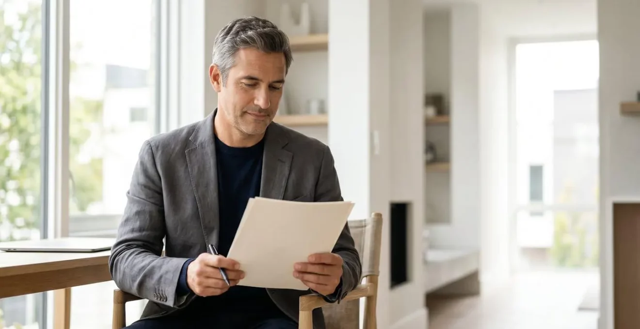 Professionnel quadragénaire planifiant sereinement sa retraite dans un cadre contemporain