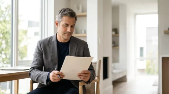 Professionnel quadragénaire planifiant sereinement sa retraite dans un cadre contemporain