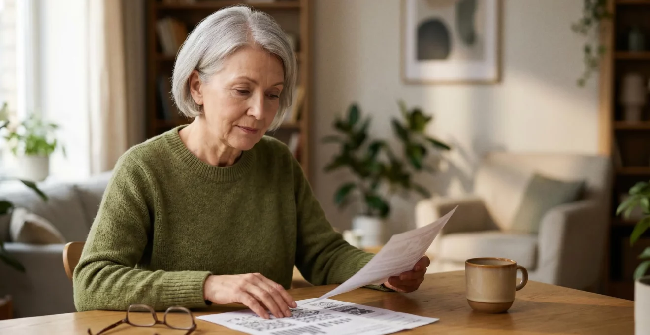 Une personne senior consultant sereinement ses documents de santé dans un intérieur lumineux