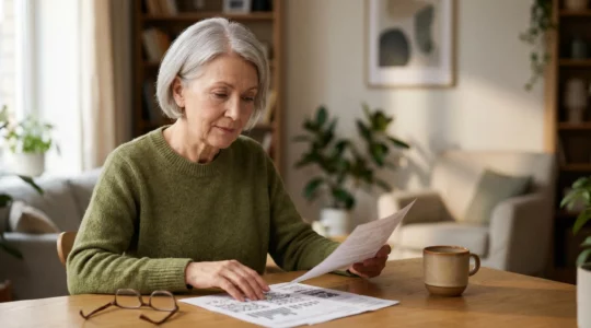 Une personne senior consultant sereinement ses documents de santé dans un intérieur lumineux