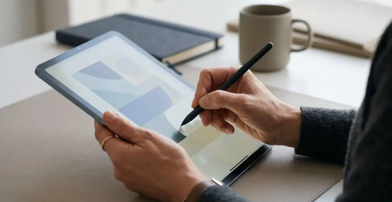 Personne signant un document sur tablette numérique dans un environnement professionnel moderne