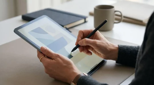 Personne signant un document sur tablette numérique dans un environnement professionnel moderne
