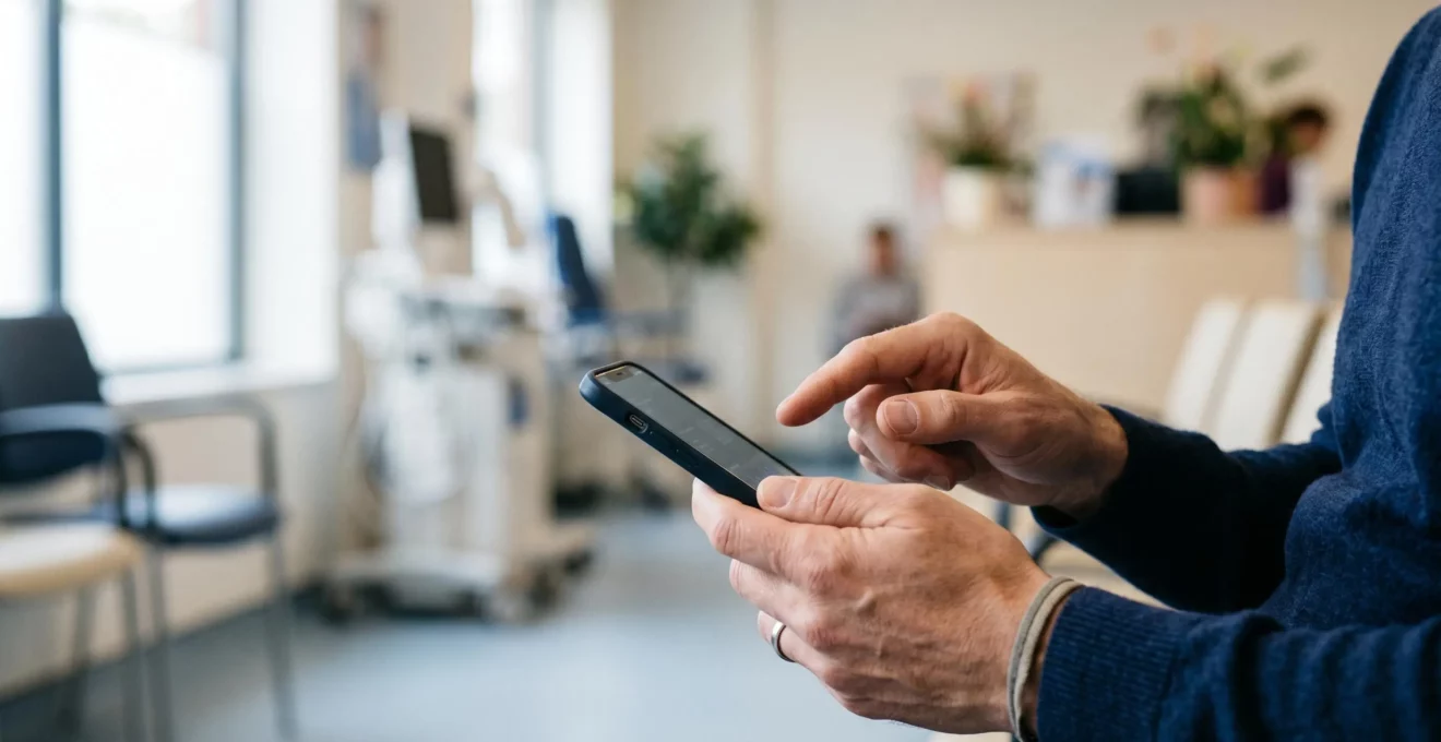 Personne en situation d'urgence médicale souscrivant une assurance santé rapidement depuis un smartphone