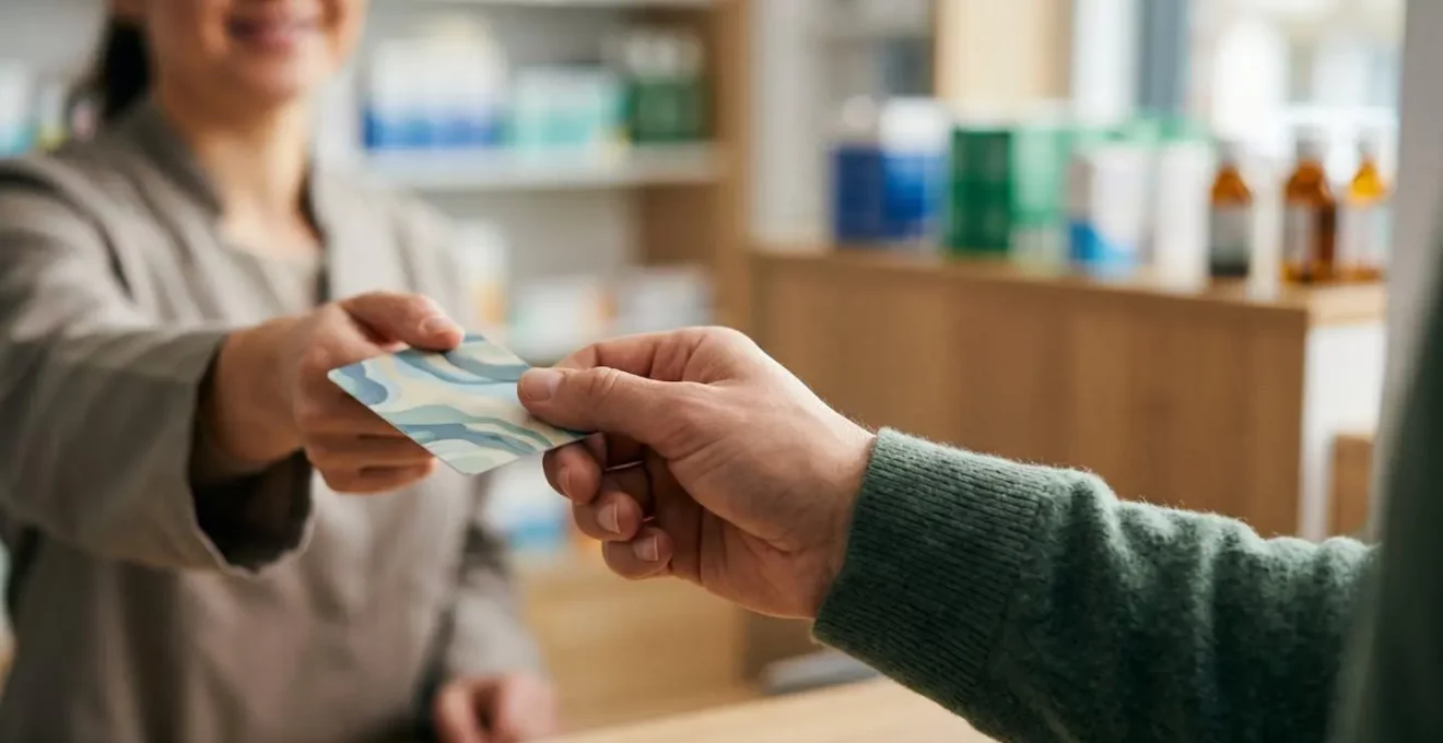Une main tenant une carte Vitale dans une pharmacie moderne