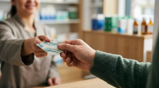 Une main tenant une carte Vitale dans une pharmacie moderne